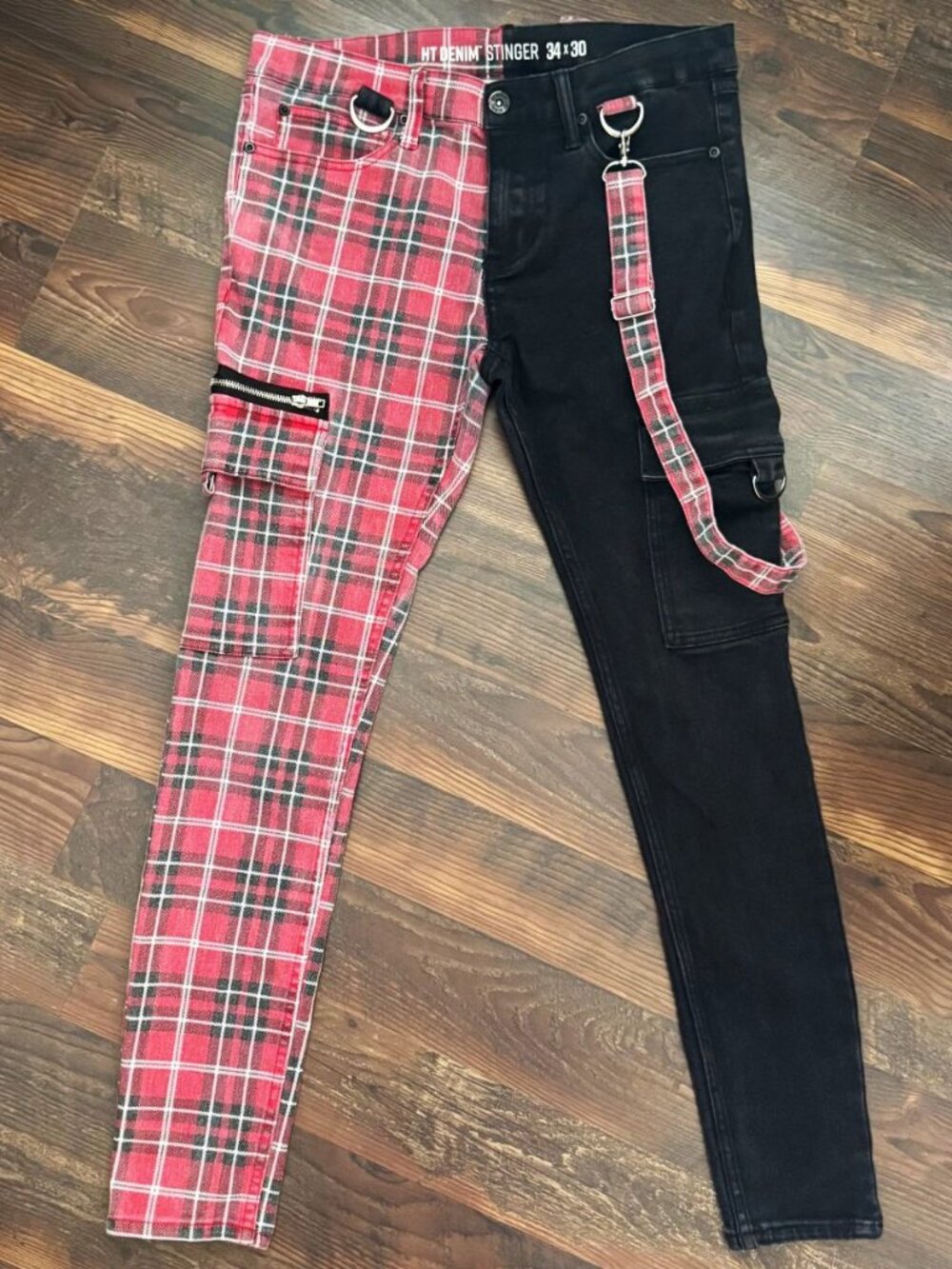 Hot Topic Red Plaid Split Leg Suspender Stinger Jeans
